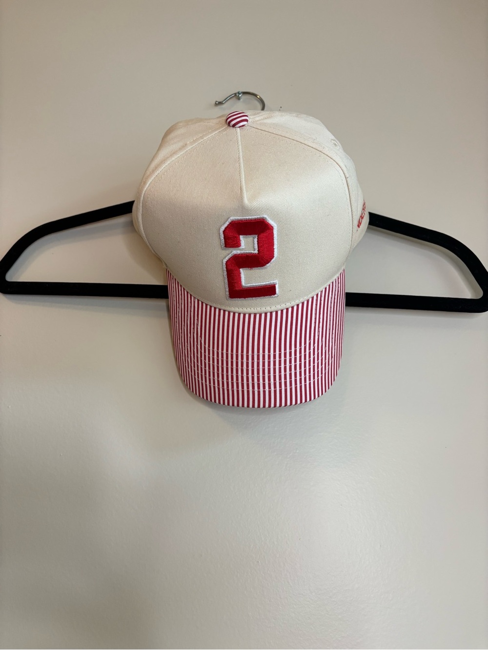 Cream Baseball Cap with Red Striped Visor and Embroidered '2' “Anderson”